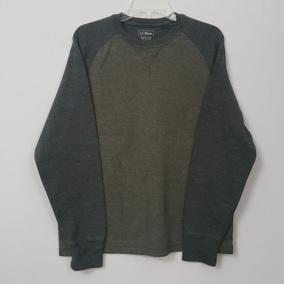L.L. Bean Sweatshirt Mens Large Lightweight Fleece Baseball Sleeve Gray Green - Picture 1 of 6